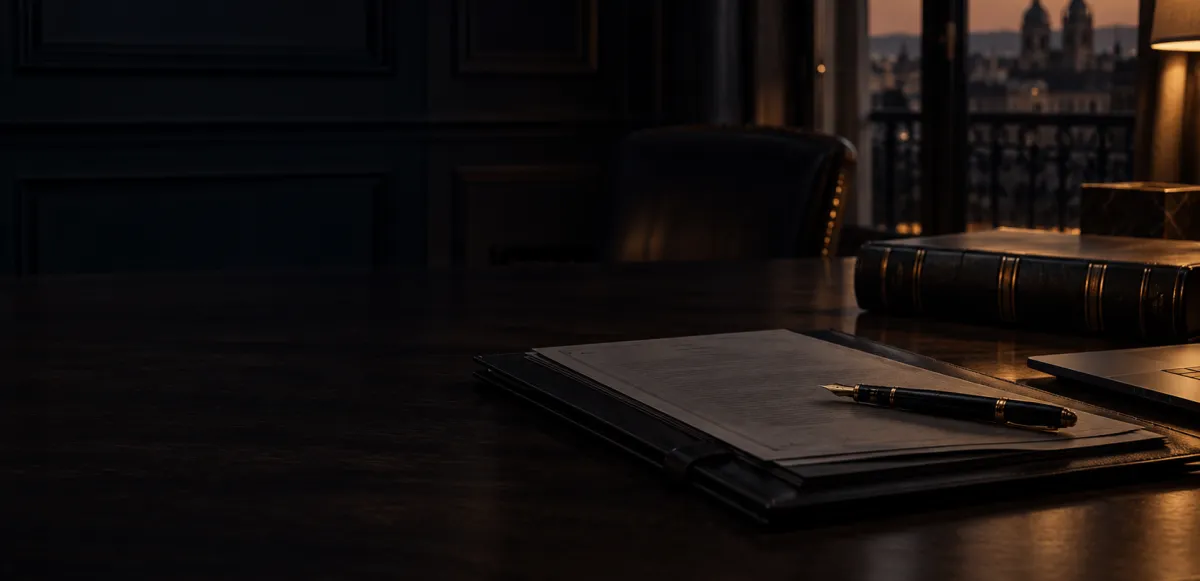 Carpeta y pluma sobre una mesa de trabajo oscura