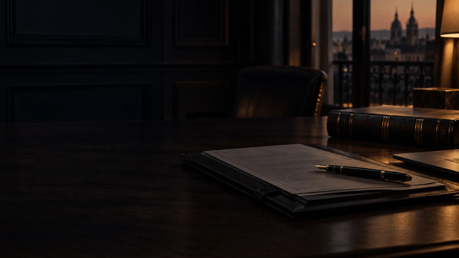 Carpeta y pluma sobre una mesa de trabajo oscura